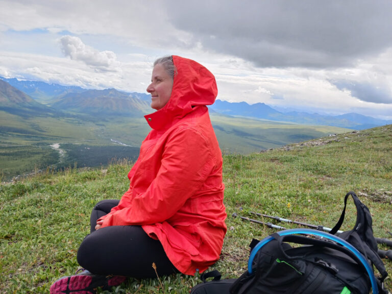 Happy hiking hag overlooks majestic Alaska valley.